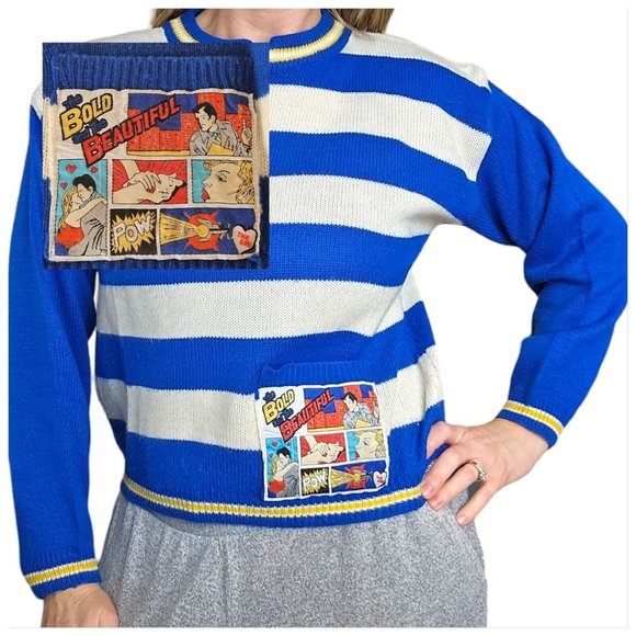VTG‎ 80s Gitano Bold And Beautiful Collab Popart Striped Sweater S/M Soap Opera - Picture 1 of 11
